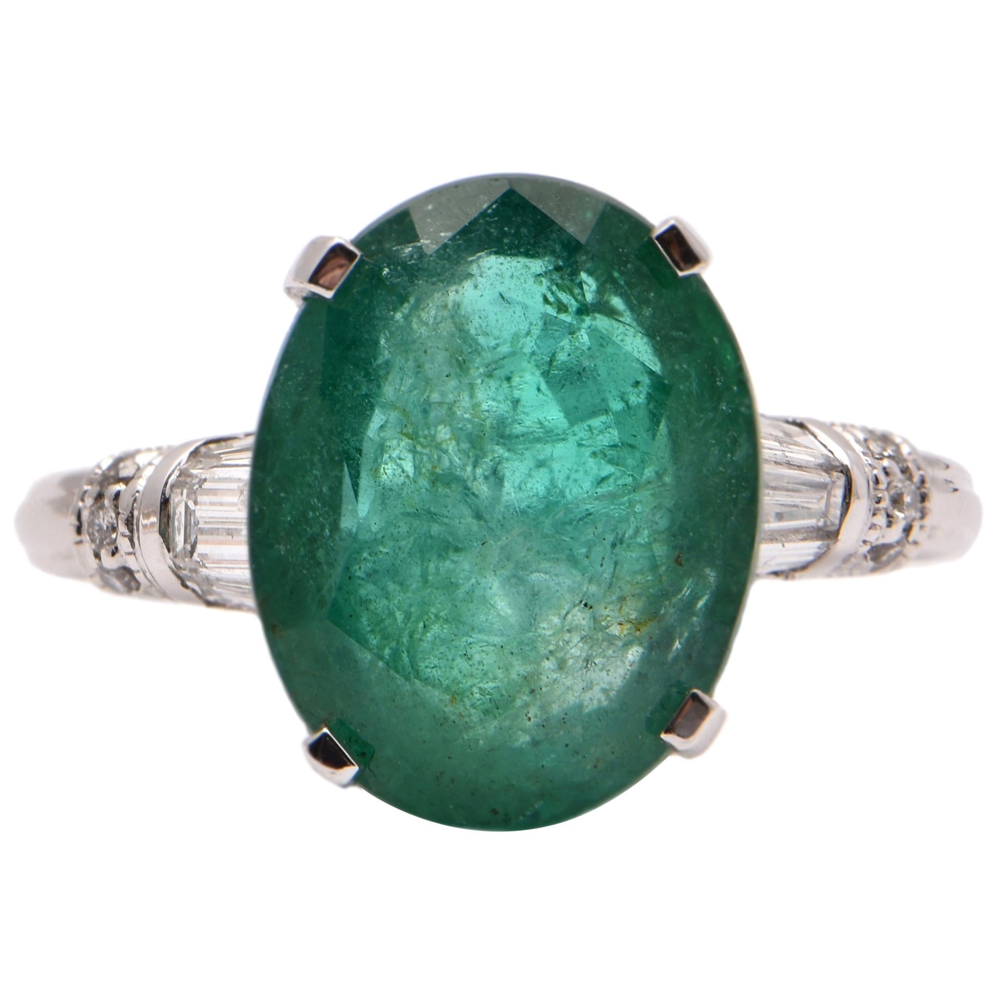 Oval Emerald and Diamond Cocktail Ring in Platinum For Sale