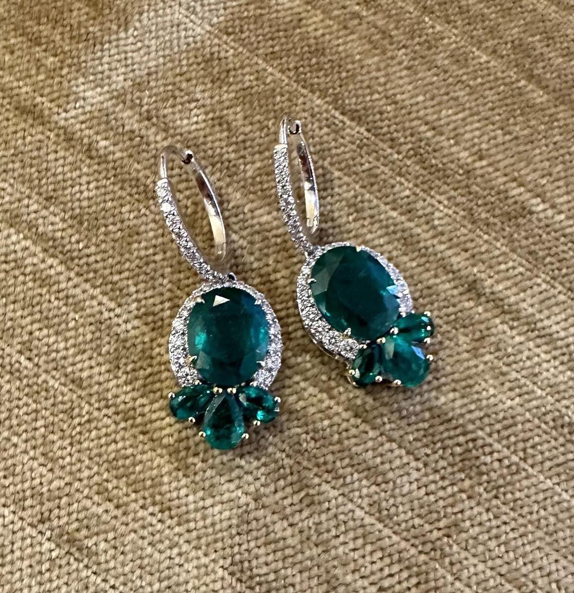 Oval Cut Oval Emerald and Diamond Drop Earrings in 18k White Gold For Sale