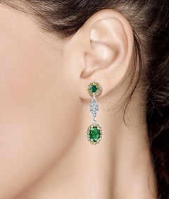 Oval Emerald and Diamond Drop Earrings One Inch Long