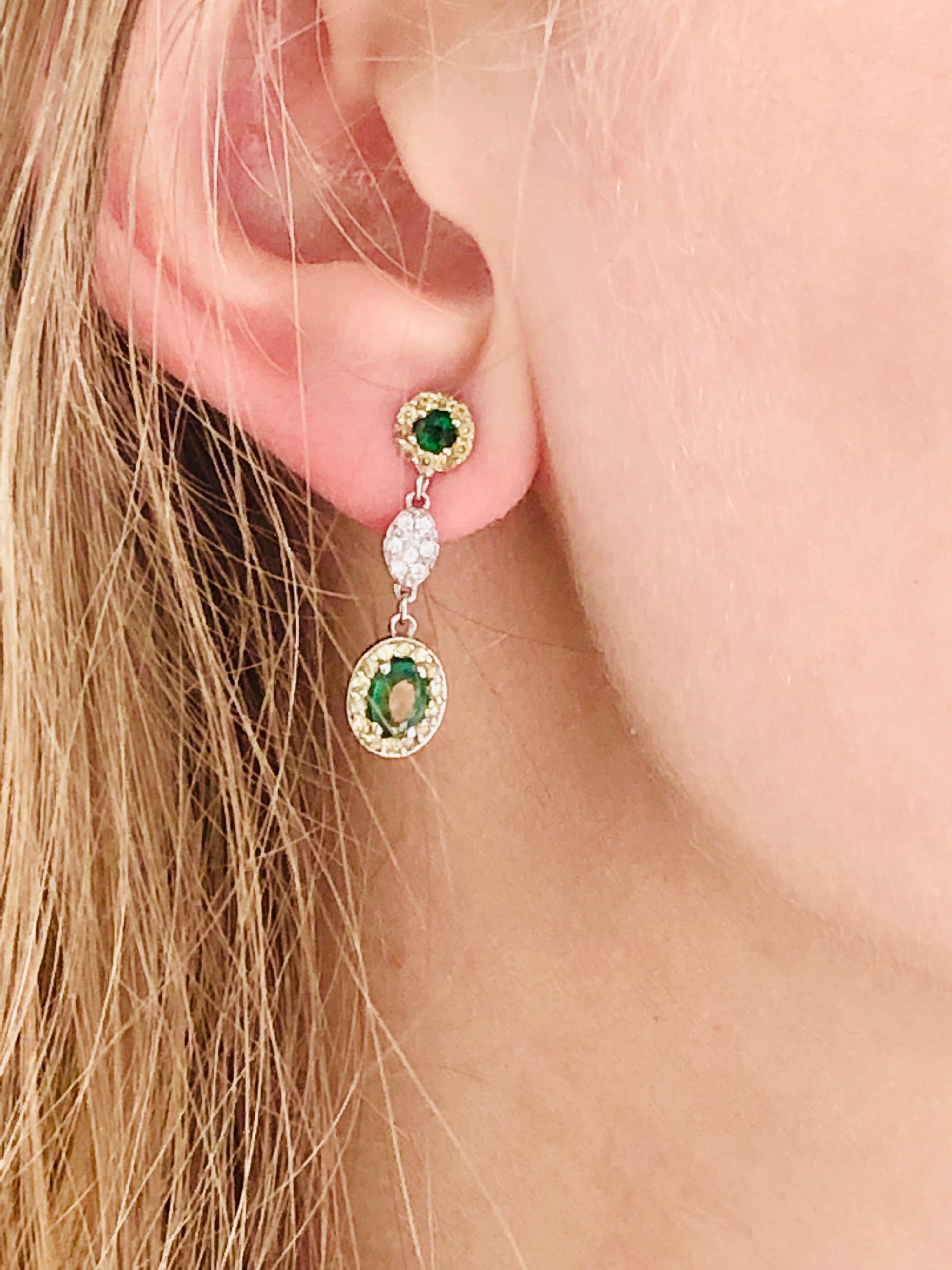 Contemporary Oval Emerald and Diamond Drop Earrings One Inch Long