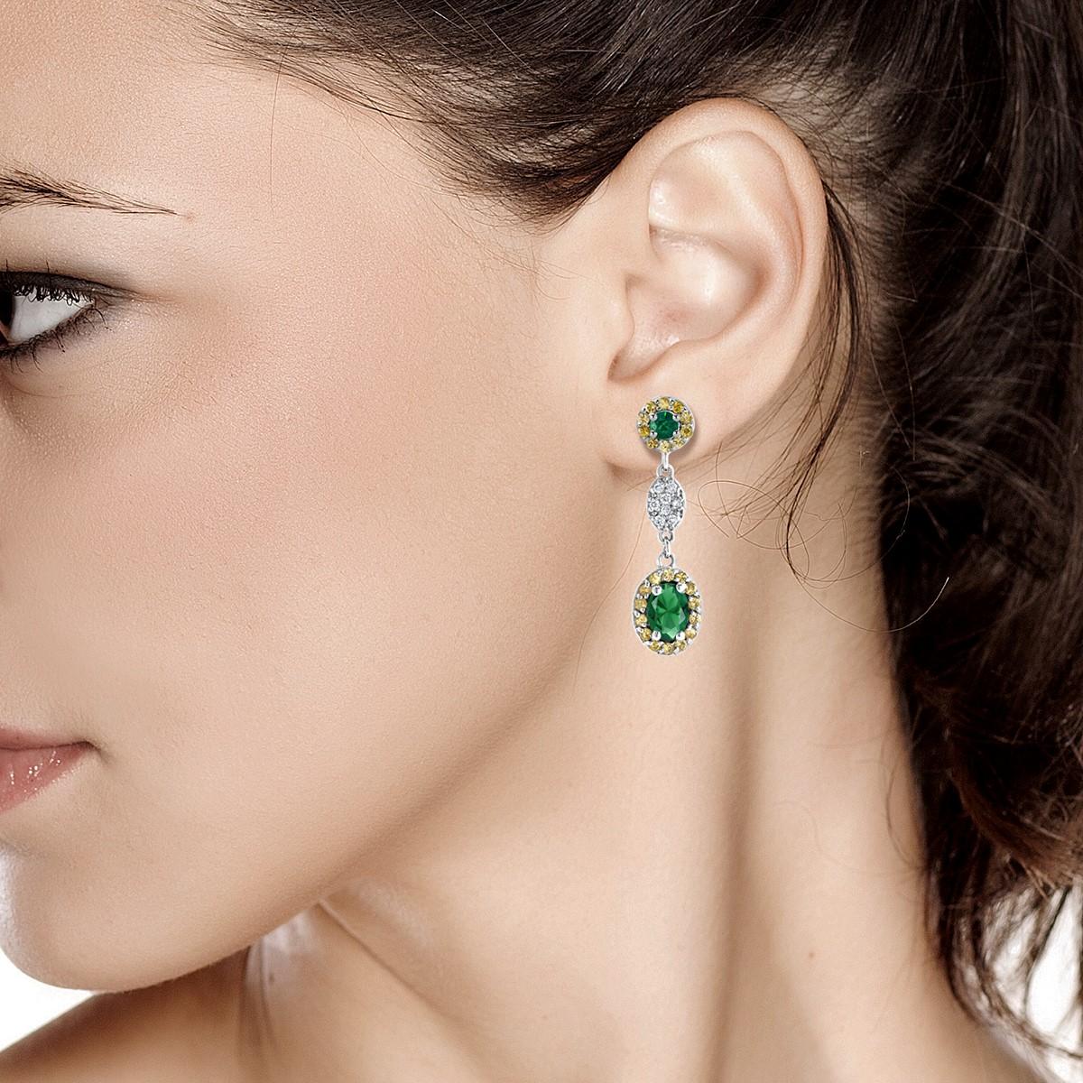 Round Cut Oval Emerald and Diamond Drop Earrings One Inch Long