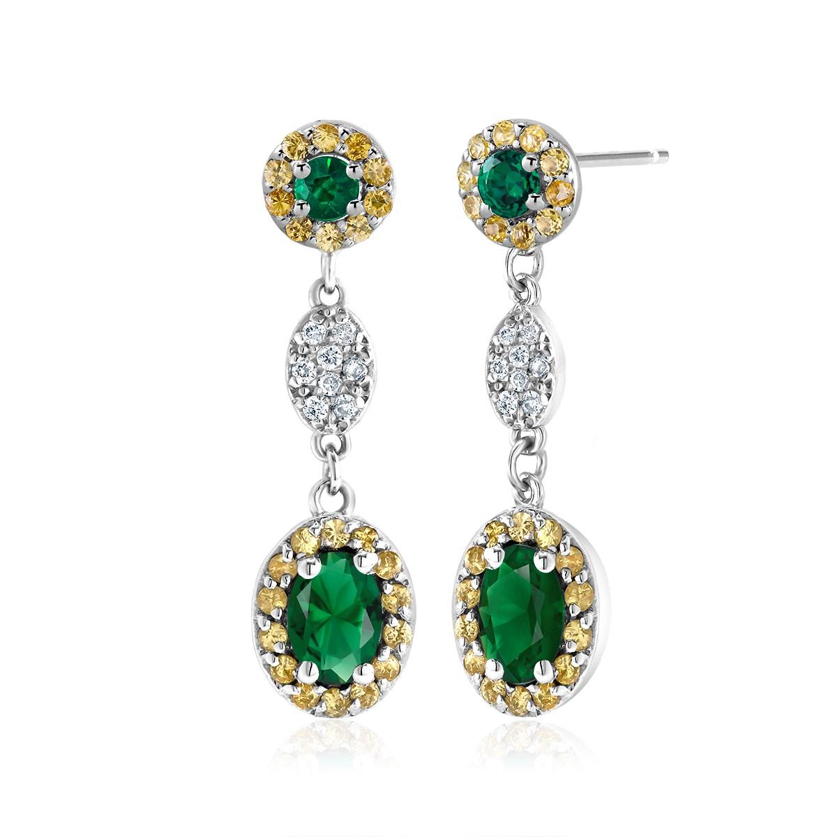 Women's Oval Emerald and Diamond Drop Earrings One Inch Long