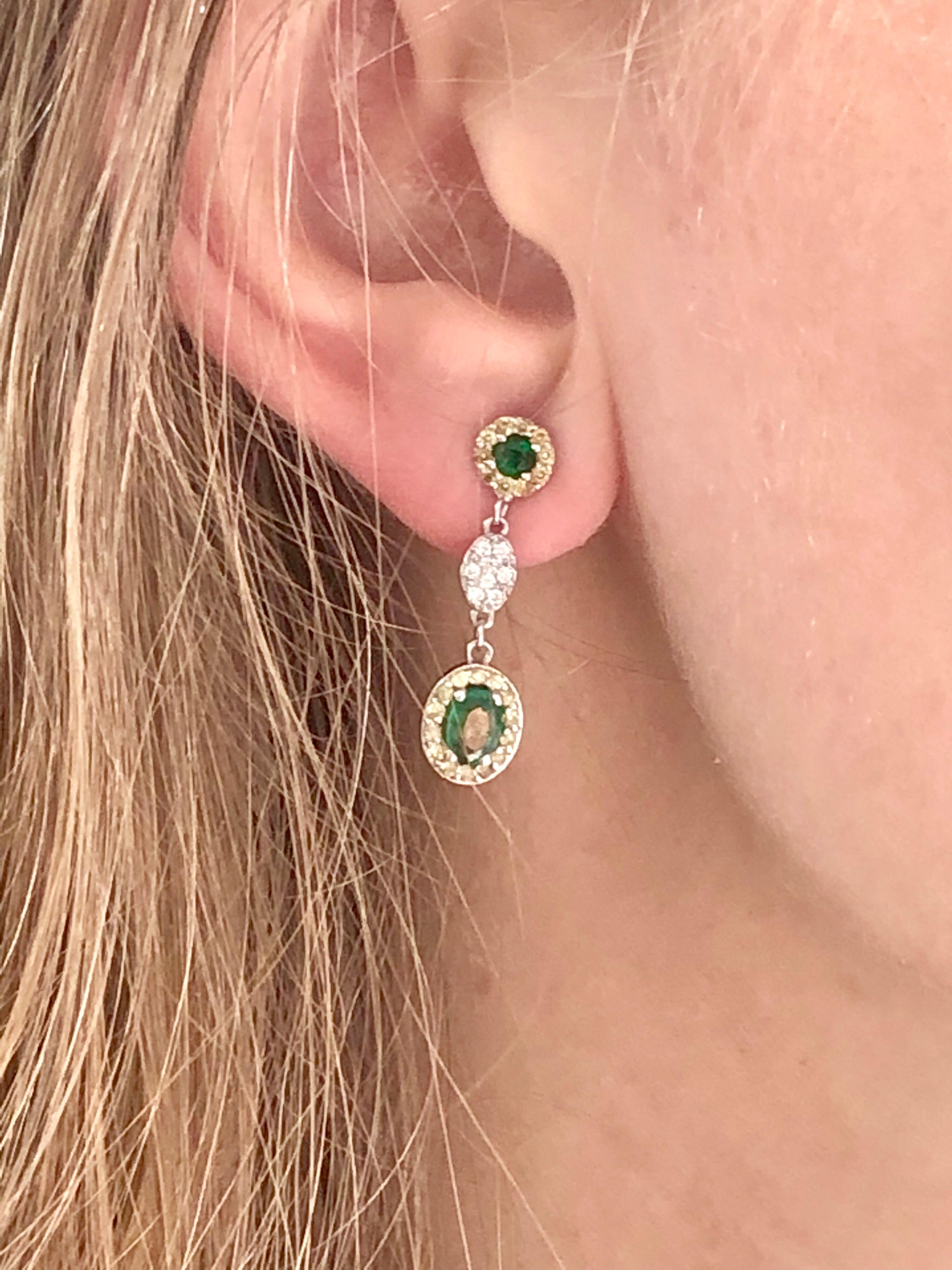 Oval Emerald and Diamond Drop Earrings One Inch Long In New Condition In New York, NY