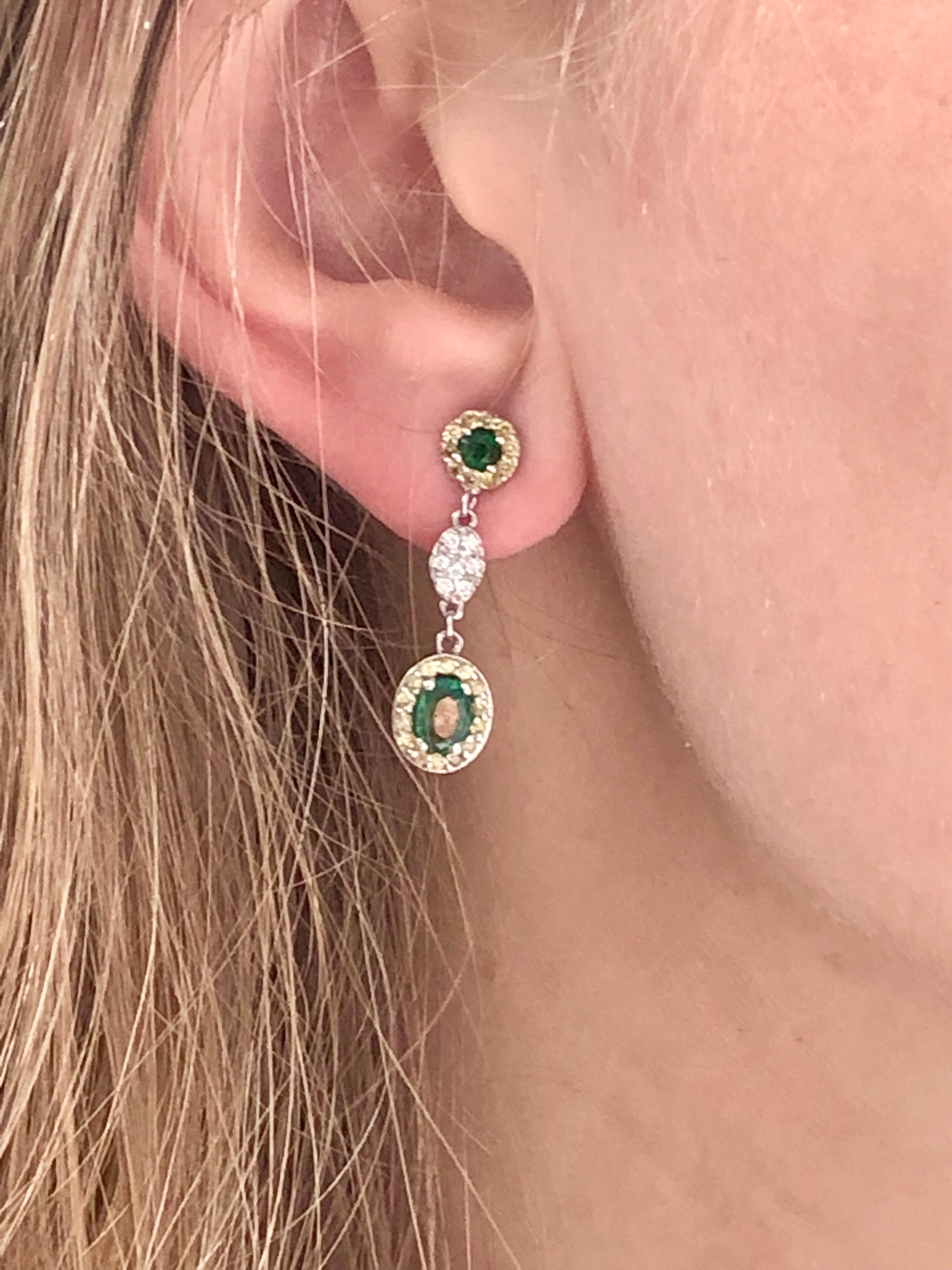 Oval Emerald and Diamond Drop Earrings One Inch Long 1