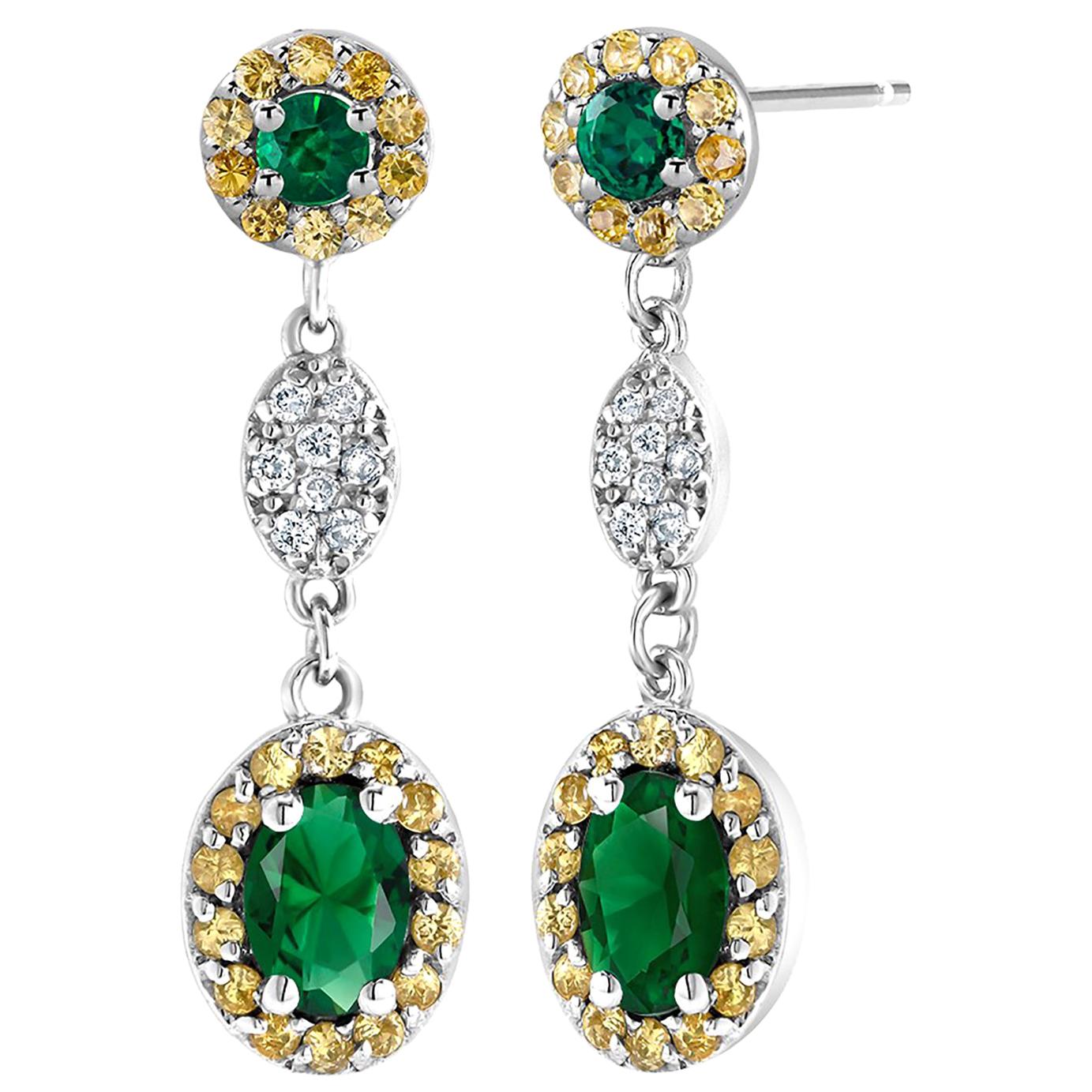 Oval Emerald and Diamond Drop Earrings One Inch Long