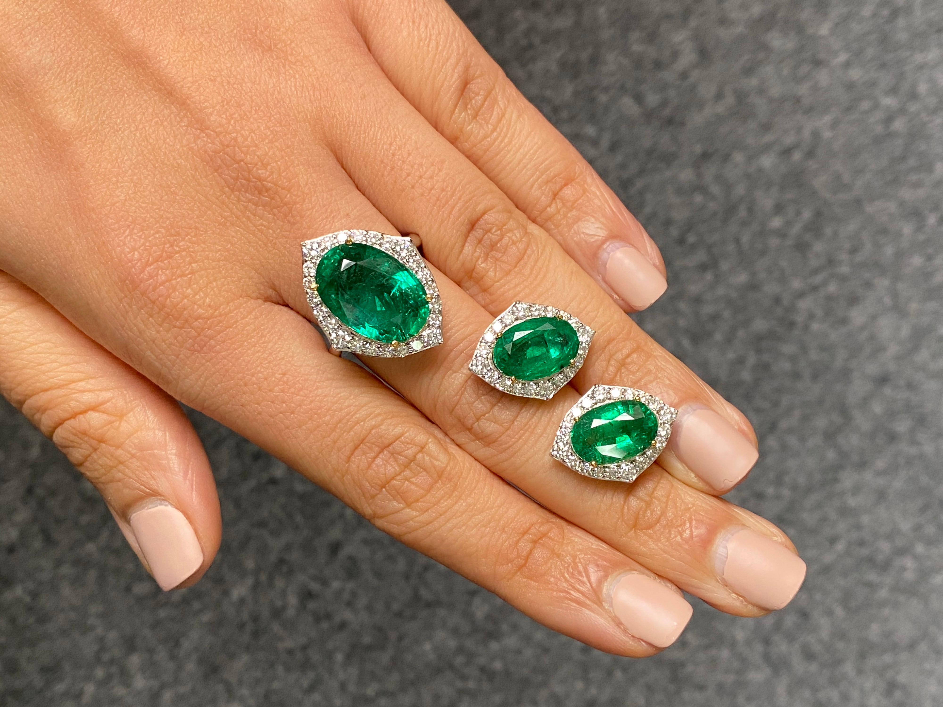 Oval Cut Oval Emerald and Diamond Earring Studs and Ring Suite
