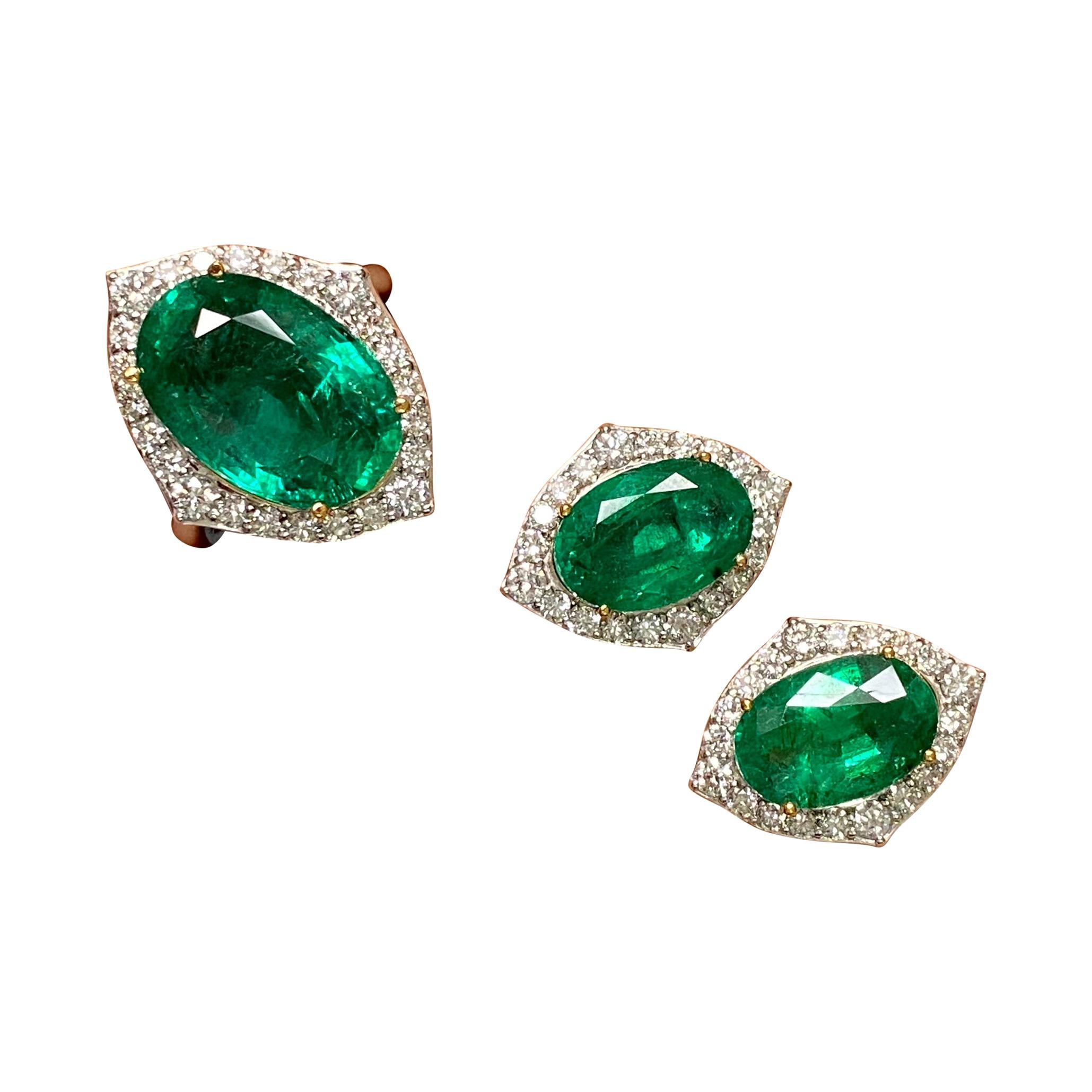 Oval Emerald and Diamond Earring Studs and Ring Suite