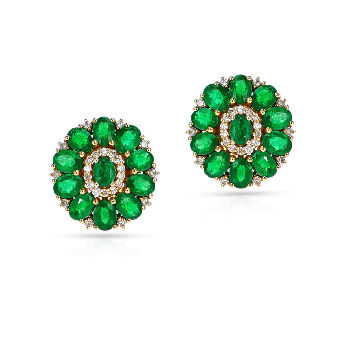 Oval Cut Oval Emerald and Diamond Floral Stud Earrings, 18k For Sale