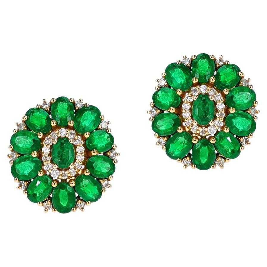 Oval Emerald and Diamond Floral Stud Earrings, 18k For Sale