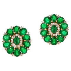 Oval Emerald and Diamond Floral Stud Earrings, 18k