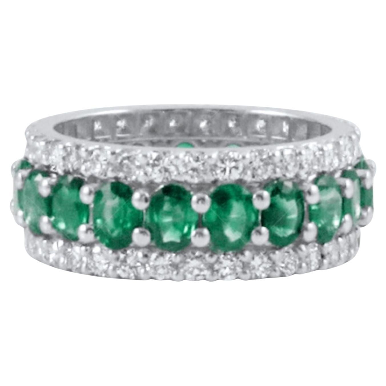 Oval Emerald and Diamond Halo Eternity Band in 18K White Gold, 5.15 Carats
