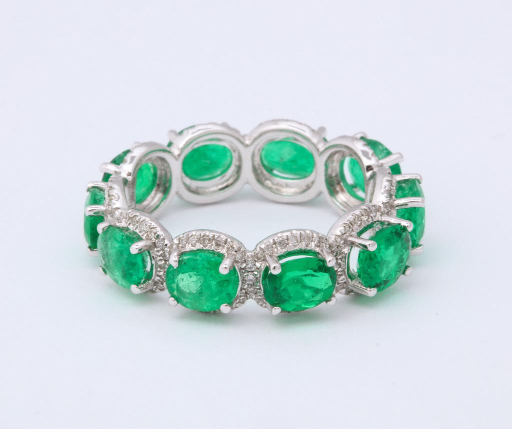 Women's or Men's Oval Emerald and Diamond Halo Eternity Band Ring
