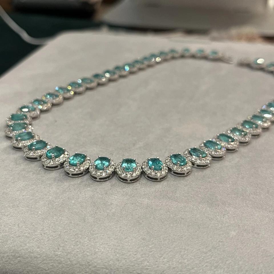 Oval Cut Oval Emerald and Diamond Halo Setting Choker Necklace in 18k White Gold For Sale