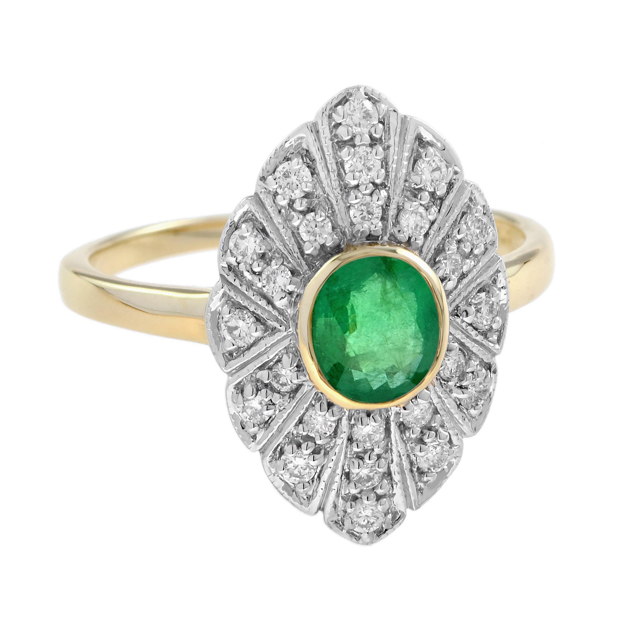 For Sale:  Oval Emerald and Diamond Marquise Shape Art Deco Style Ring in 9K Two Tone Gold 3