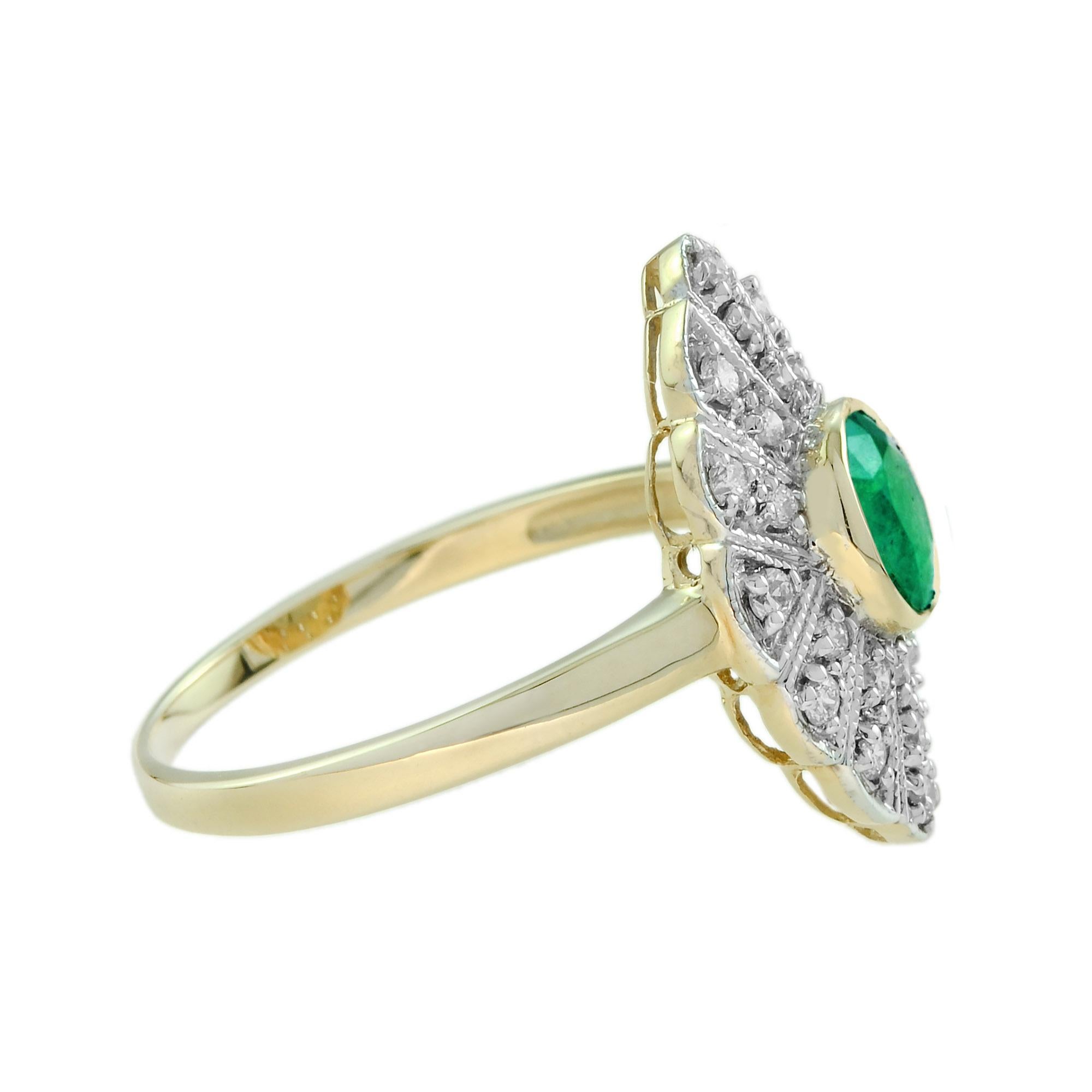 For Sale:  Oval Emerald and Diamond Marquise Shape Art Deco Style Ring in 9K Two Tone Gold 4
