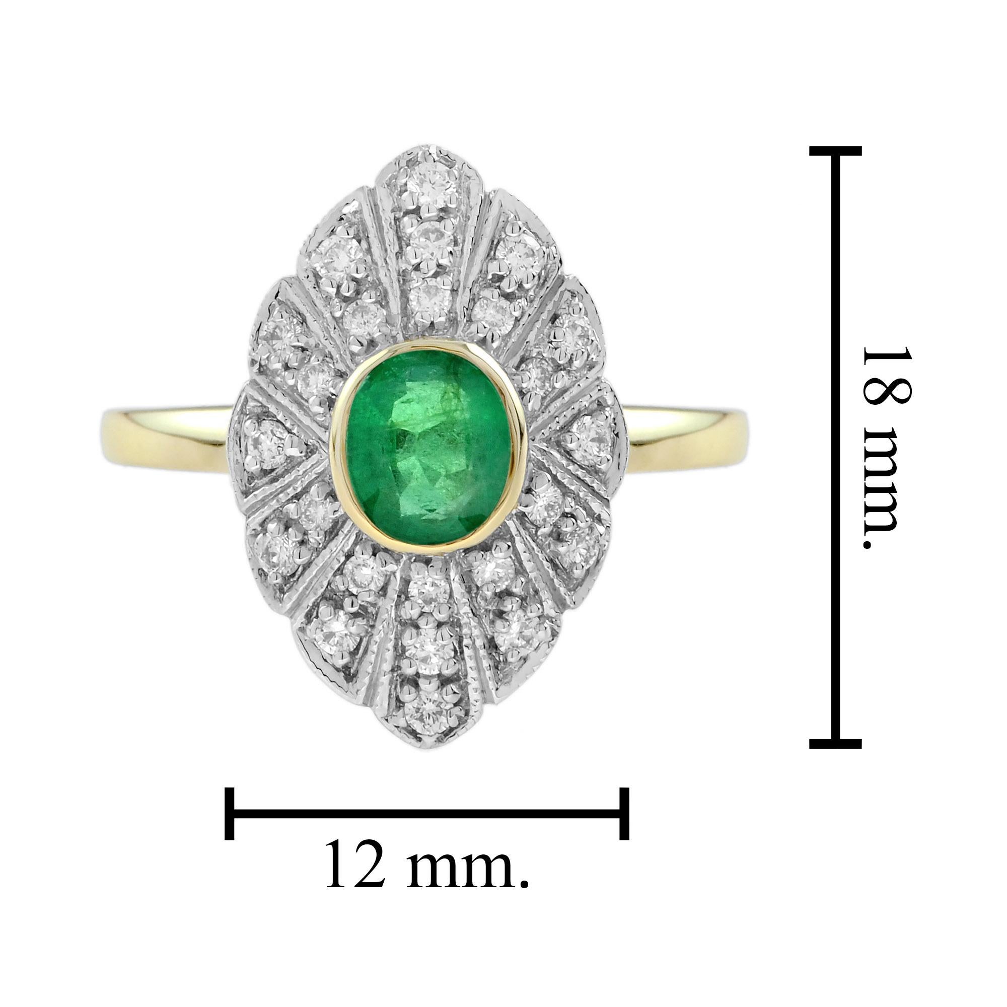 For Sale:  Oval Emerald and Diamond Marquise Shape Art Deco Style Ring in 9K Two Tone Gold 7
