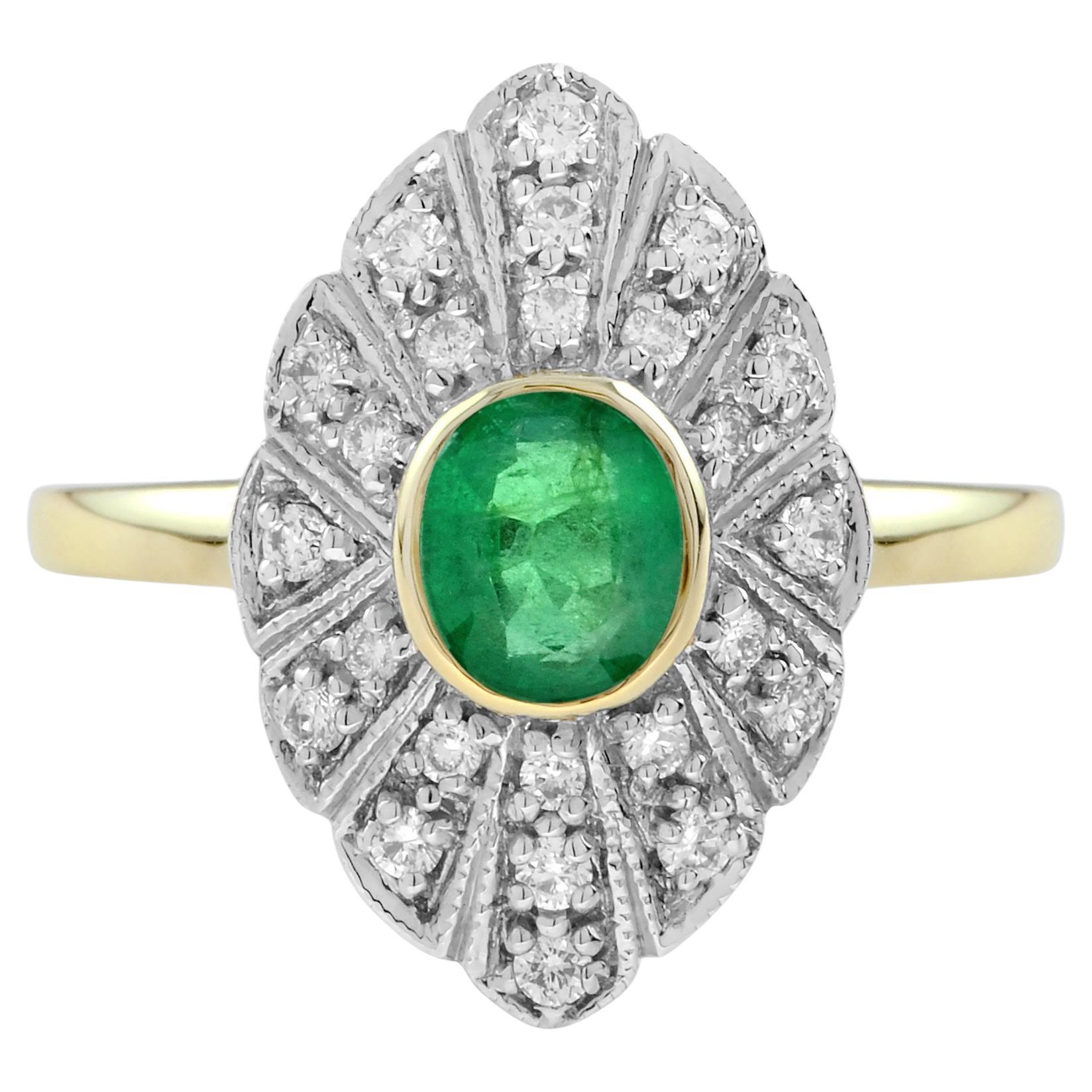 Oval Emerald and Diamond Marquise Shape Art Deco Style Ring in 9K Two Tone Gold