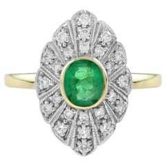 Ovaler Smaragd- und Diamantring im Art-Déco-Stil in Marquise-Form aus 9K zweifarbigem Gold