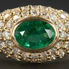 Oval Emerald and Diamond Pave Bombe Cocktail Ring in 14k Yellow Gold