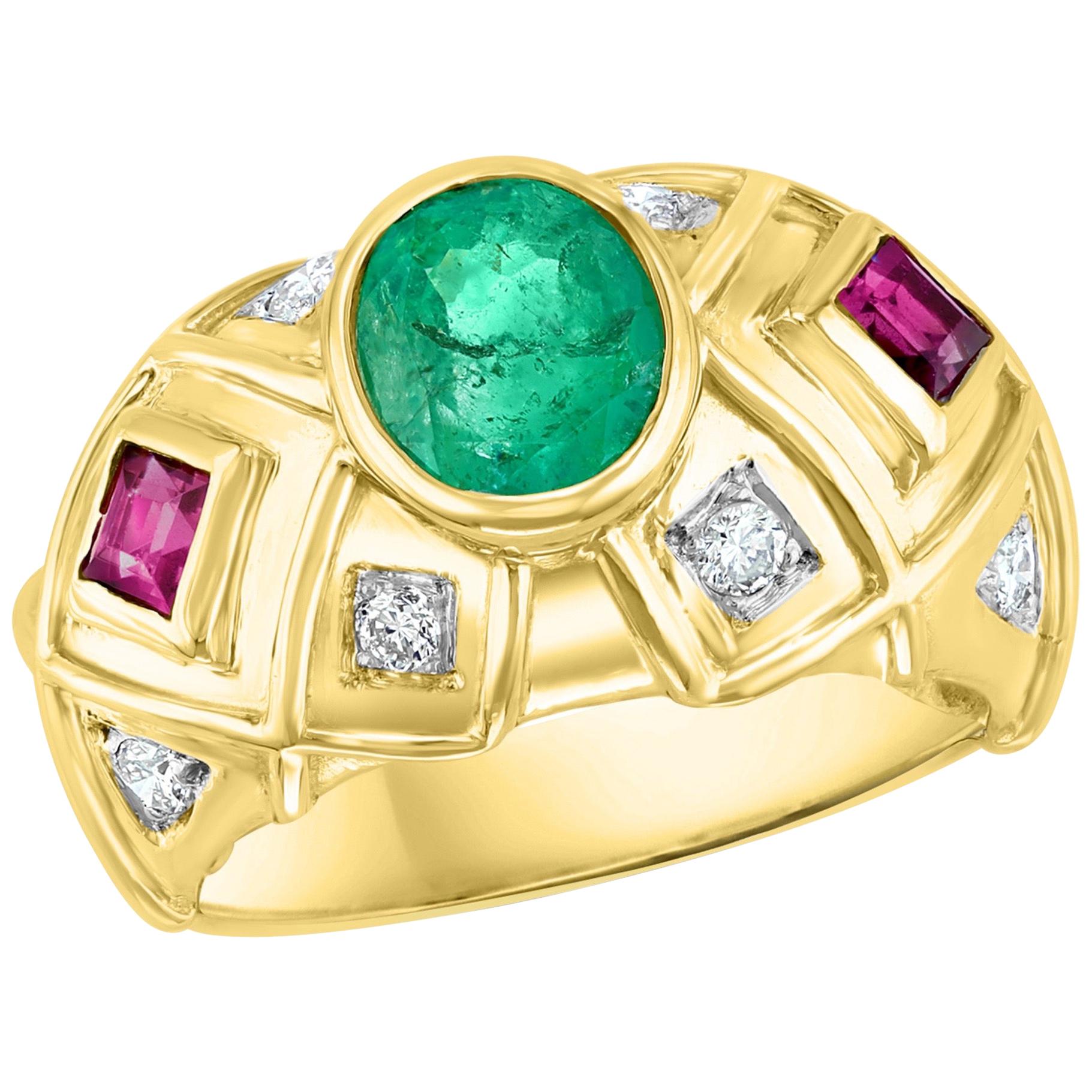Oval Emerald , Pink Tourmaline  Diamond Ring 18 Karat Yellow Gold,  Size 6.5