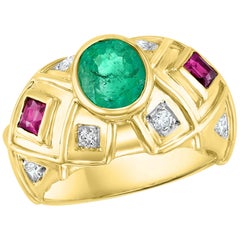Smeraldo ovale , Tormalina rosa  Anello con diamante in oro giallo 18 carati,  Taglia 6.5