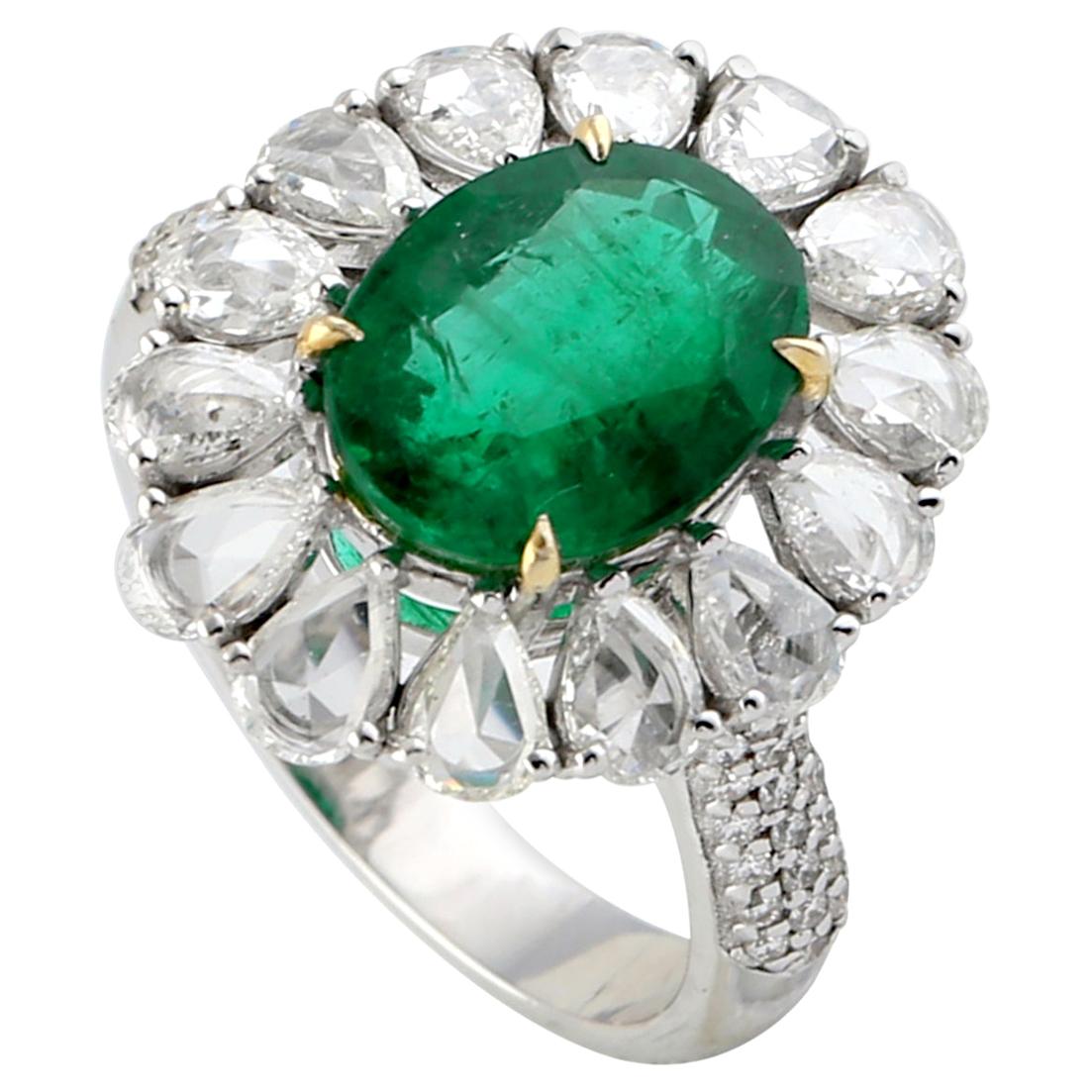 Oval Emerald and Diamond Ring Set in 18 Karat White Gold