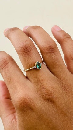Oval Emerald and Diamond Solid 14k Yellow Gold Minimal Three Stone Ring for Her
