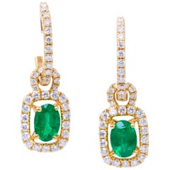 Oval Emerald and Diamonds Drop Yellow Gold Earrings