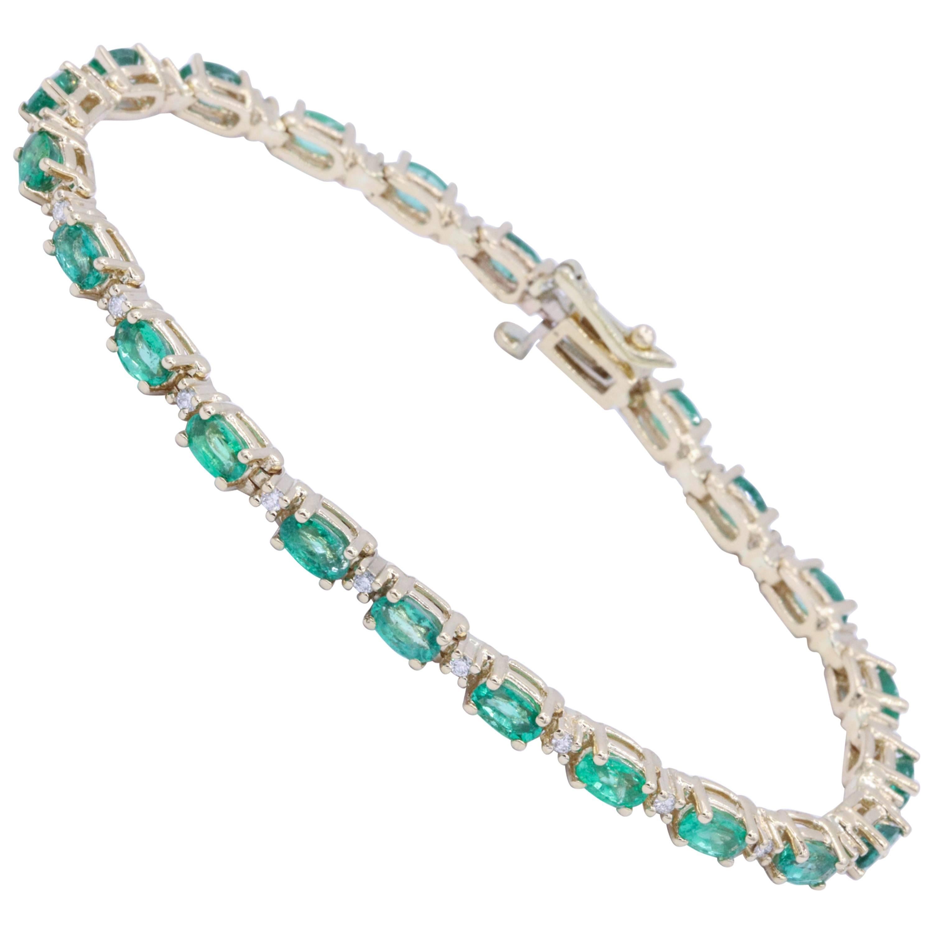 Oval Cut Emerald and Diamond Tennis Bracelet 5.39 Carats 14K