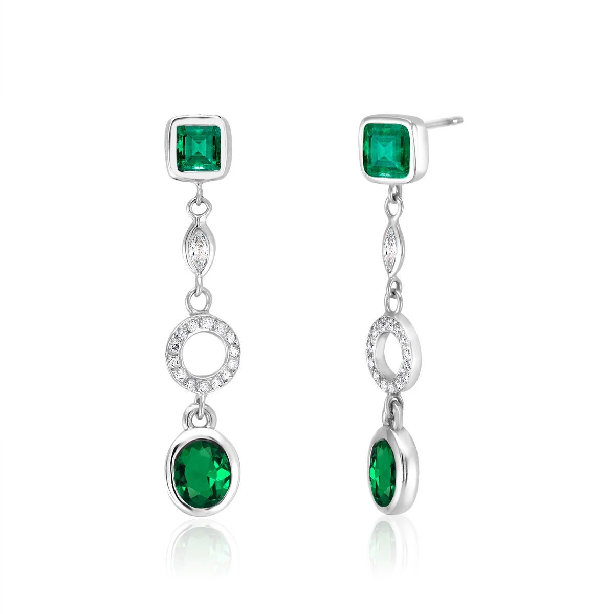 White Gold Emerald Diamond Circle Drop Earrings Weighing 3.10 Carat In New Condition In New York, NY