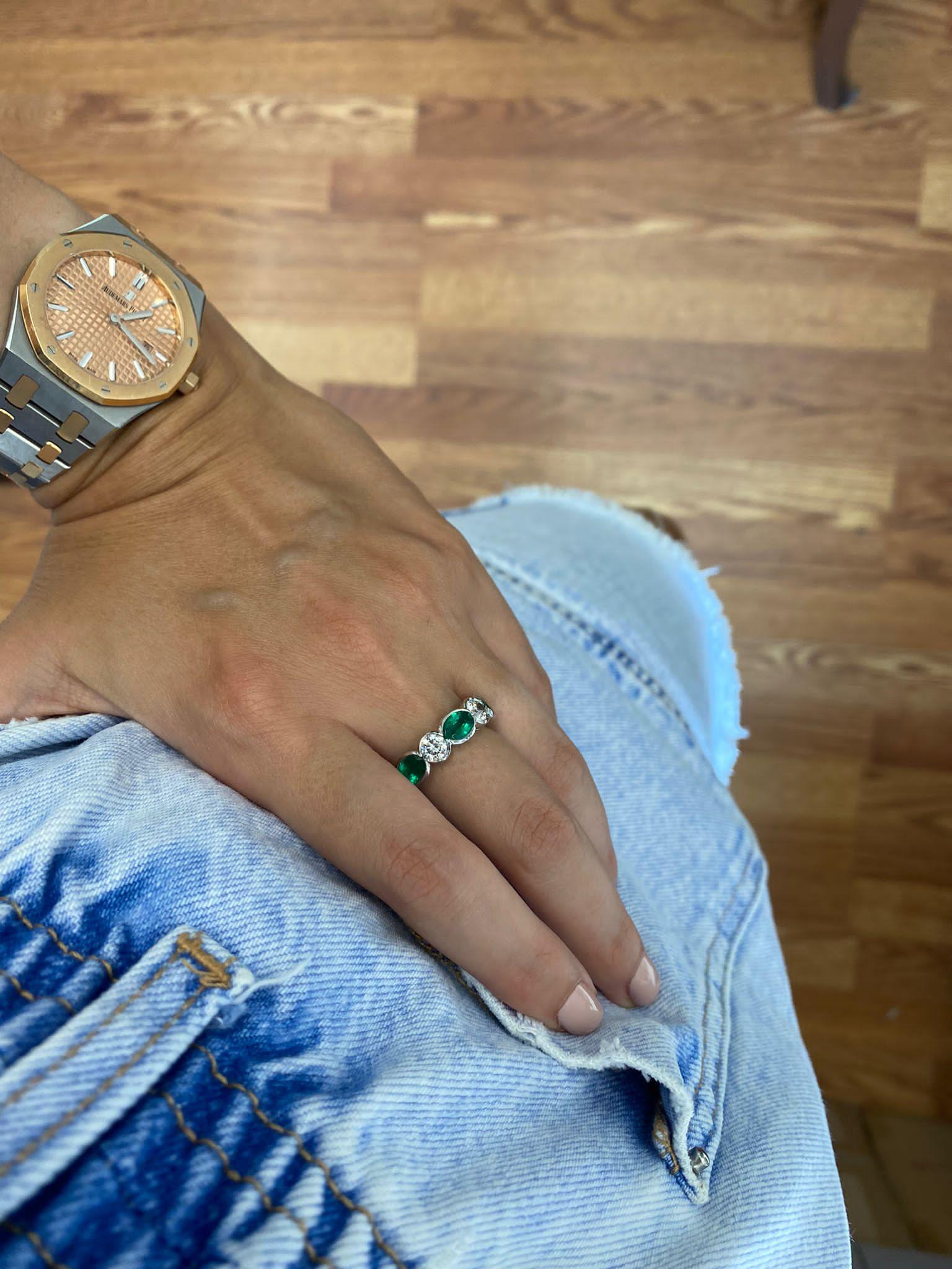 Oval Emerald and Round Diamond Five Stone Platinum Ring For Sale 1