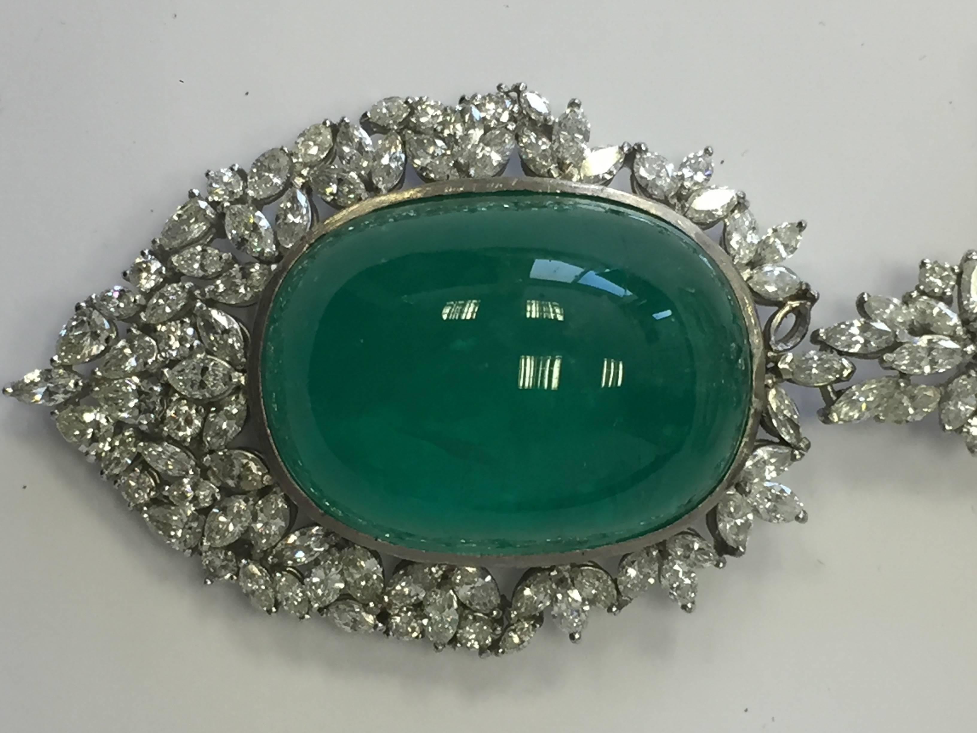 Oval Emerald Cabochon and Diamond Necklace Once Owned By A Princess In New Condition In Los Angeles, CA