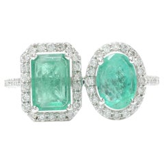 Oval & Emerald Cut Natural Emerald Diamond Ring in 14K Solid Gold (Certified)