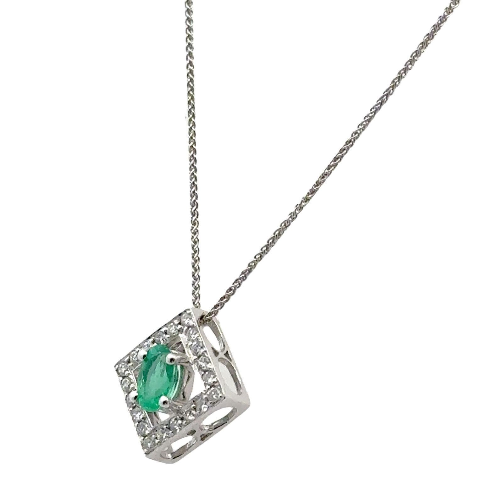 Modern Oval Emerald Diamond 14 Karat White Gold Pendant Necklace For Sale