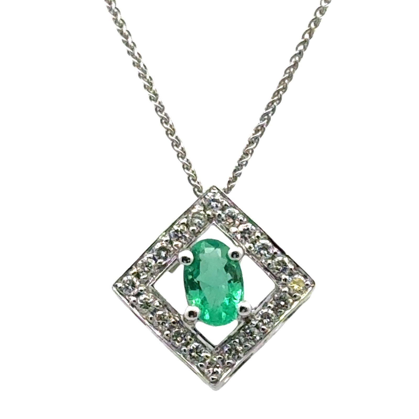 Oval Cut Oval Emerald Diamond 14 Karat White Gold Pendant Necklace For Sale