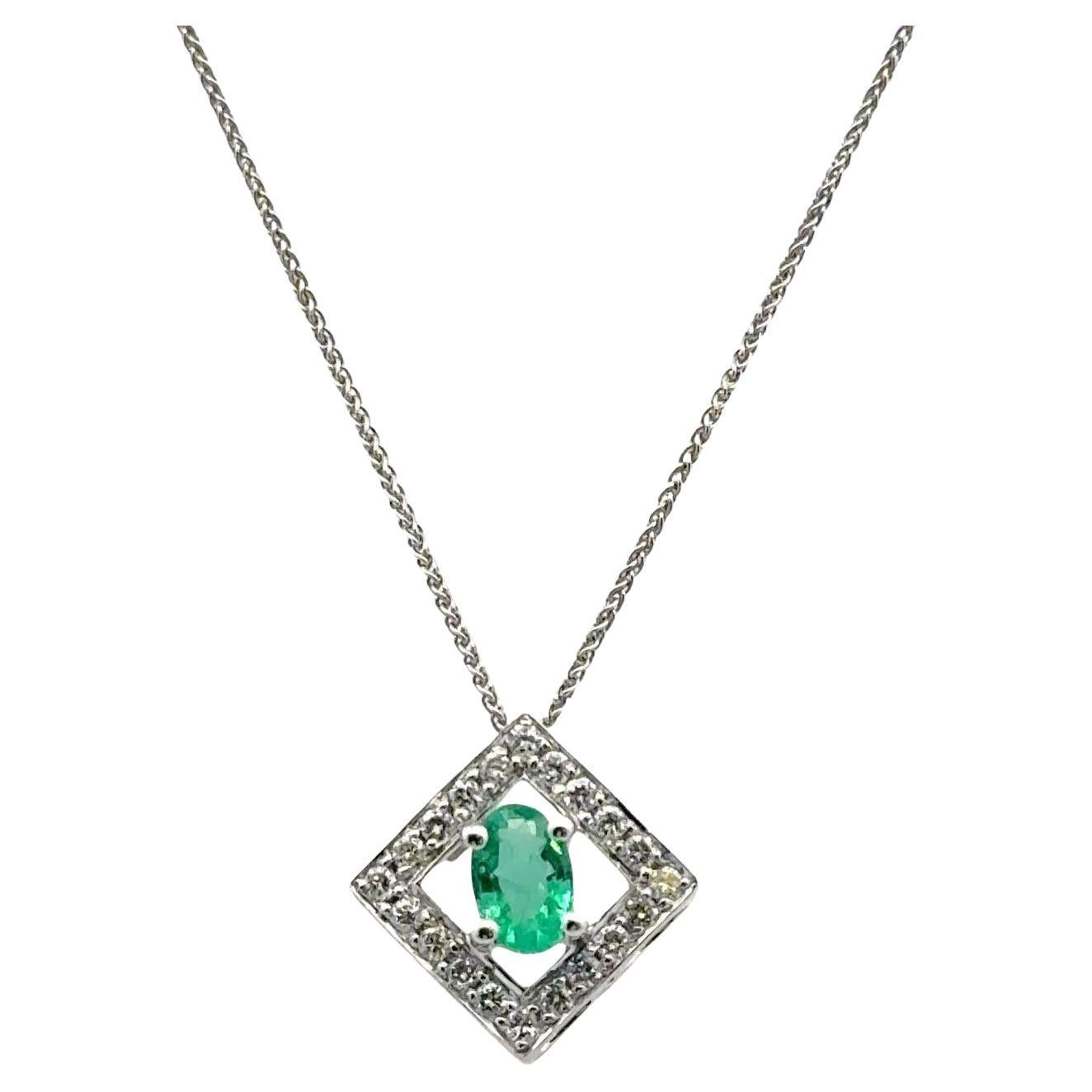 Oval Emerald Diamond 14 Karat White Gold Pendant Necklace For Sale