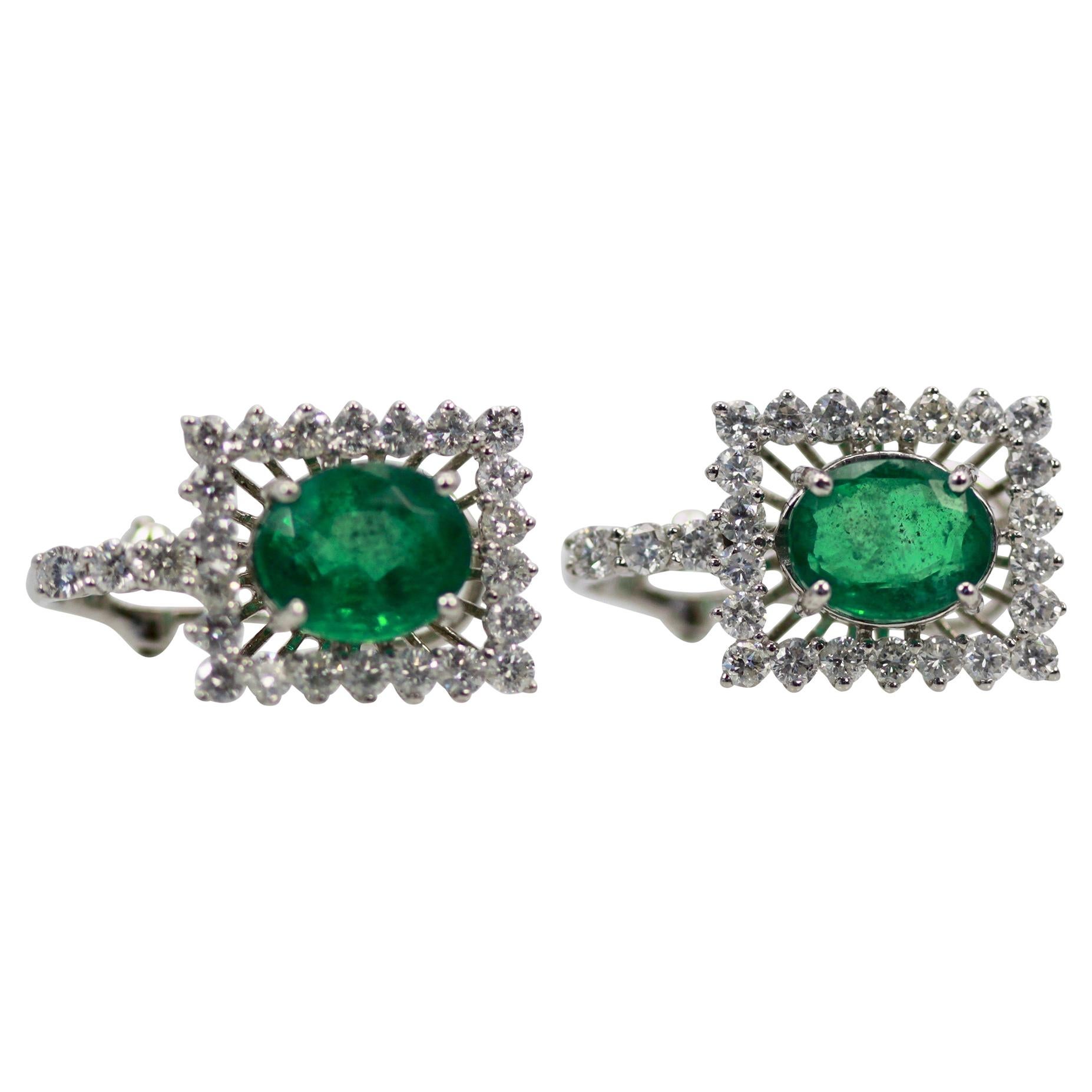 Oval Emerald Diamond and 18 Karat White Gold Earrings 5.83 Total Carat Weight For Sale
