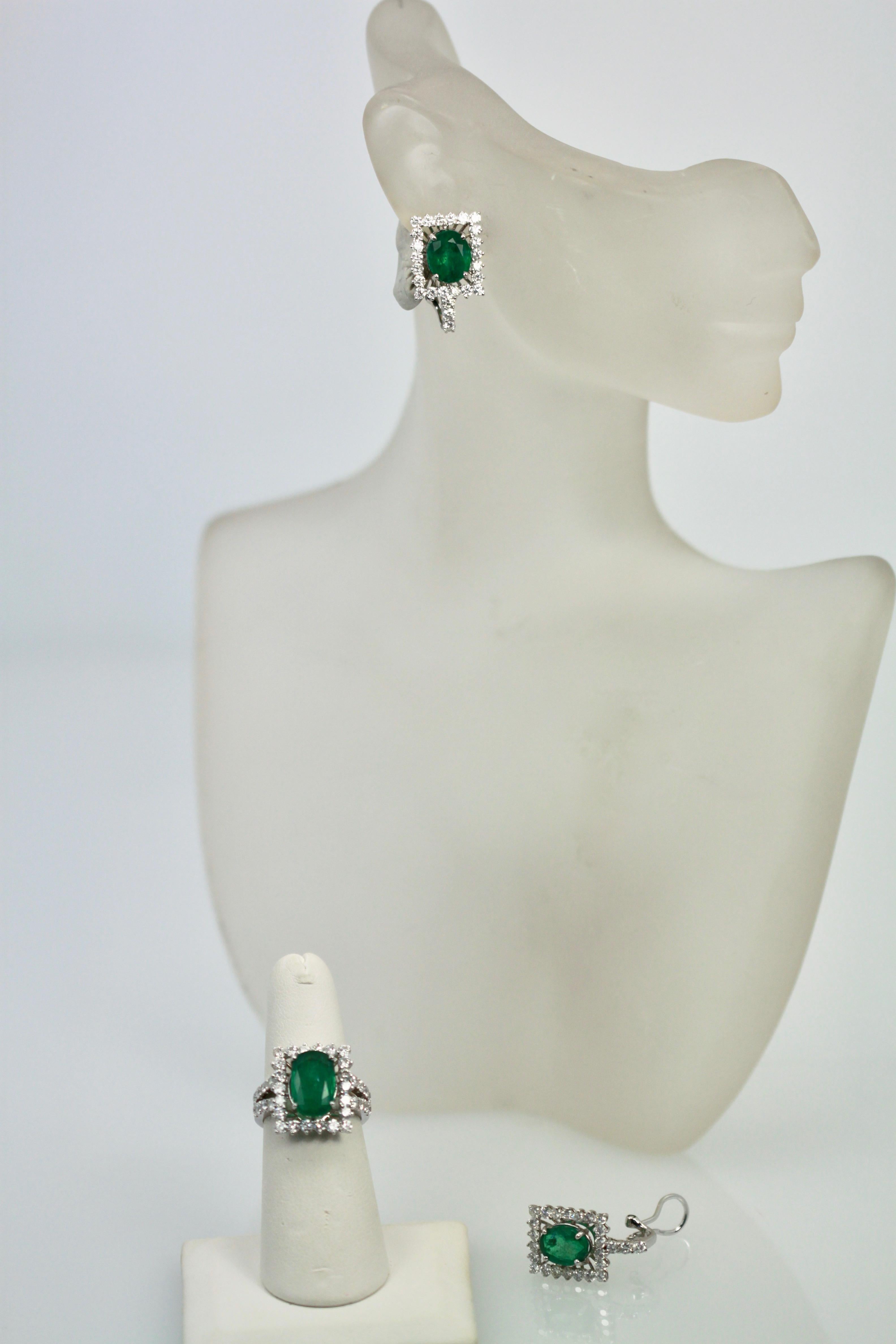 Oval Emerald Diamond and 18 Karat White Gold Earrings 5.83 Total Carat Weight For Sale 2