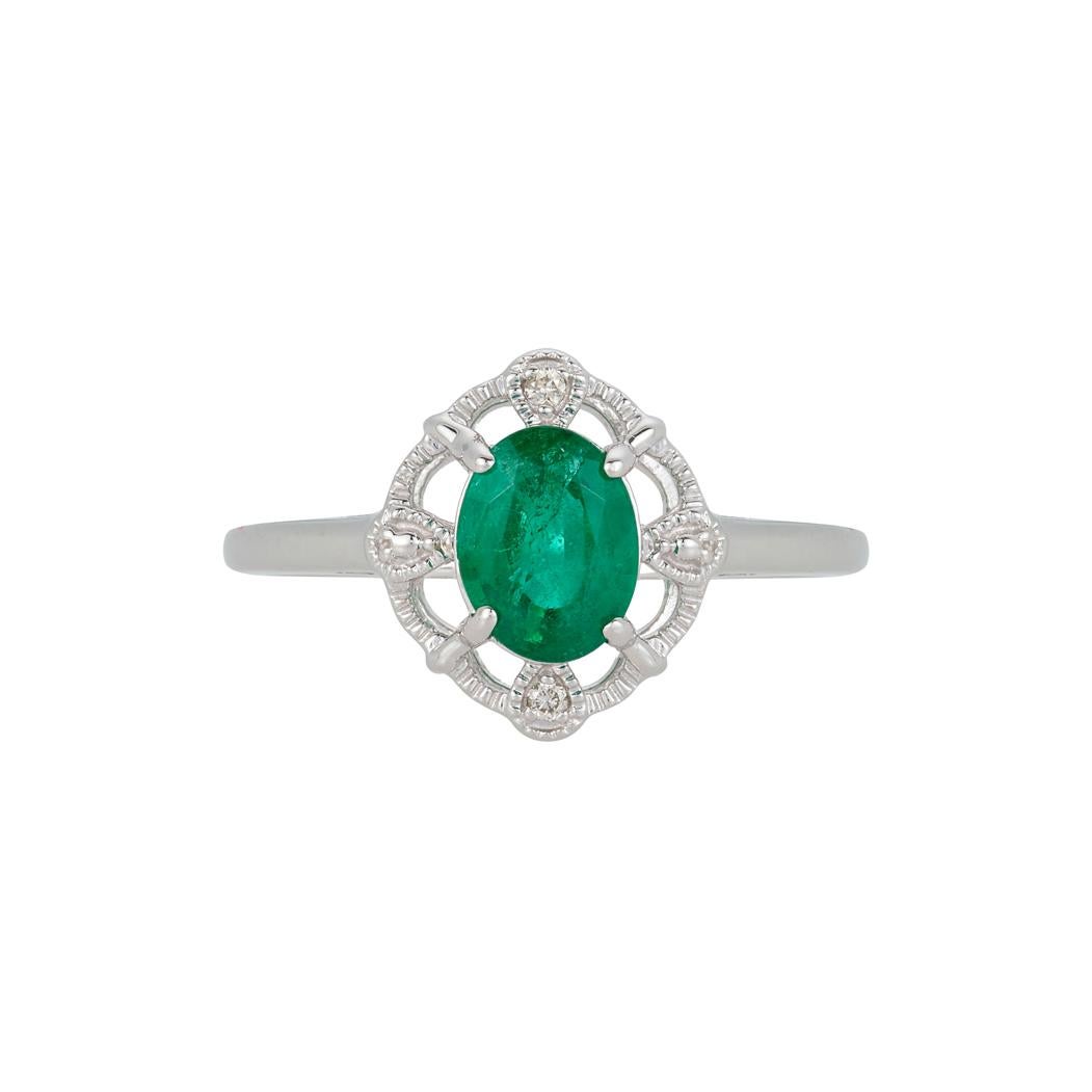 Oval Emerald Diamond Art Deco Style Fashion Vintage Antique Ring 14k White Gold