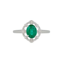 Oval Emerald Diamond Art Deco Style Fashion Vintage Antique Ring 14k White Gold