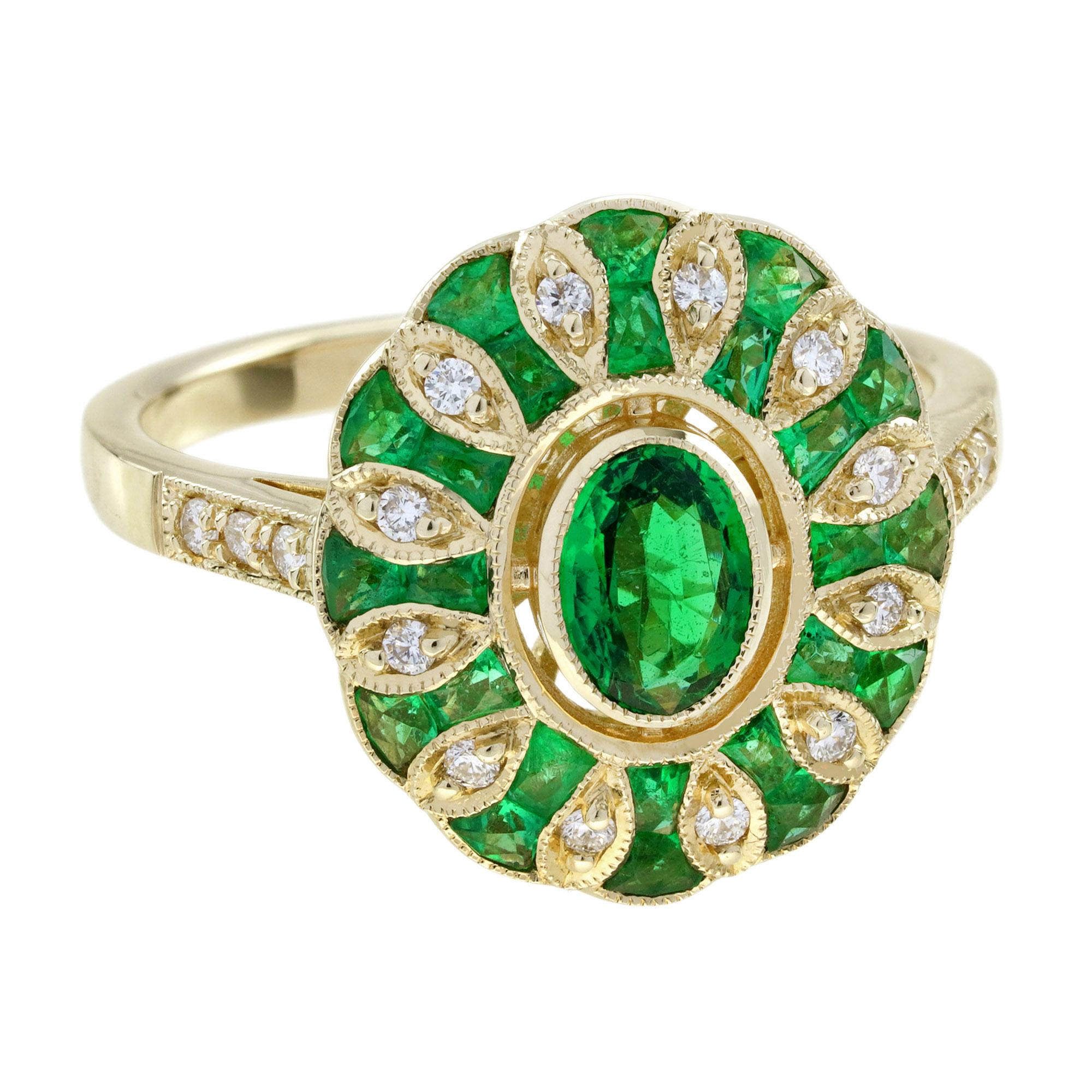 Oval Emerald Diamond Art Deco Style Floral Engagement Ring in 18K Yellow Gold For Sale 1