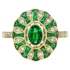 Bague de fiançailles en or jaune 18 carats, émeraude ovale, diamant, style Art déco, style floral