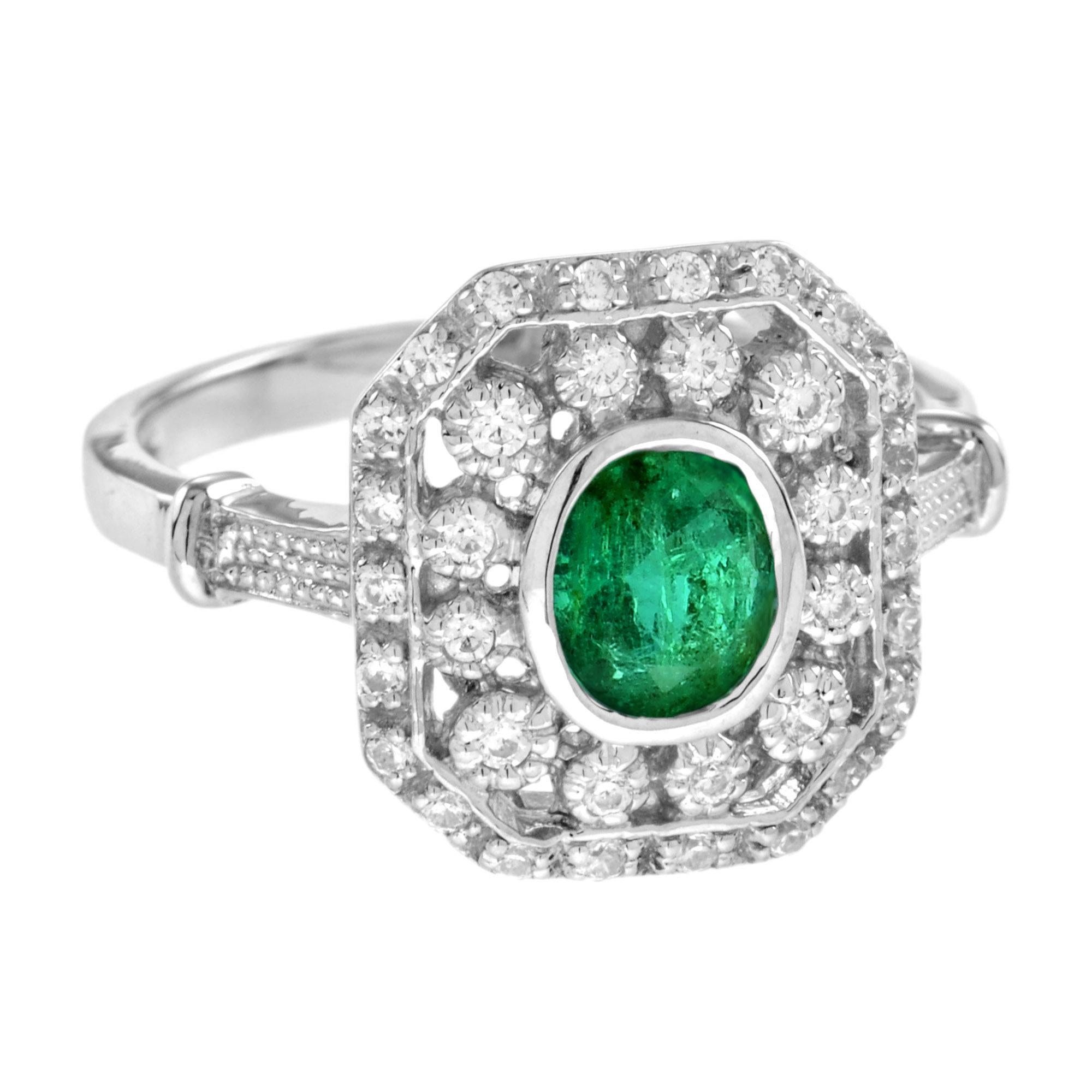 An emerald ring in 14k white gold with diamonds. An exquisite oval emerald, weighing 0.50 carats, is set into white gold and accentuated by a halo of diamonds.
Emeralds have been long associated with love and an eternal relationship. This classic