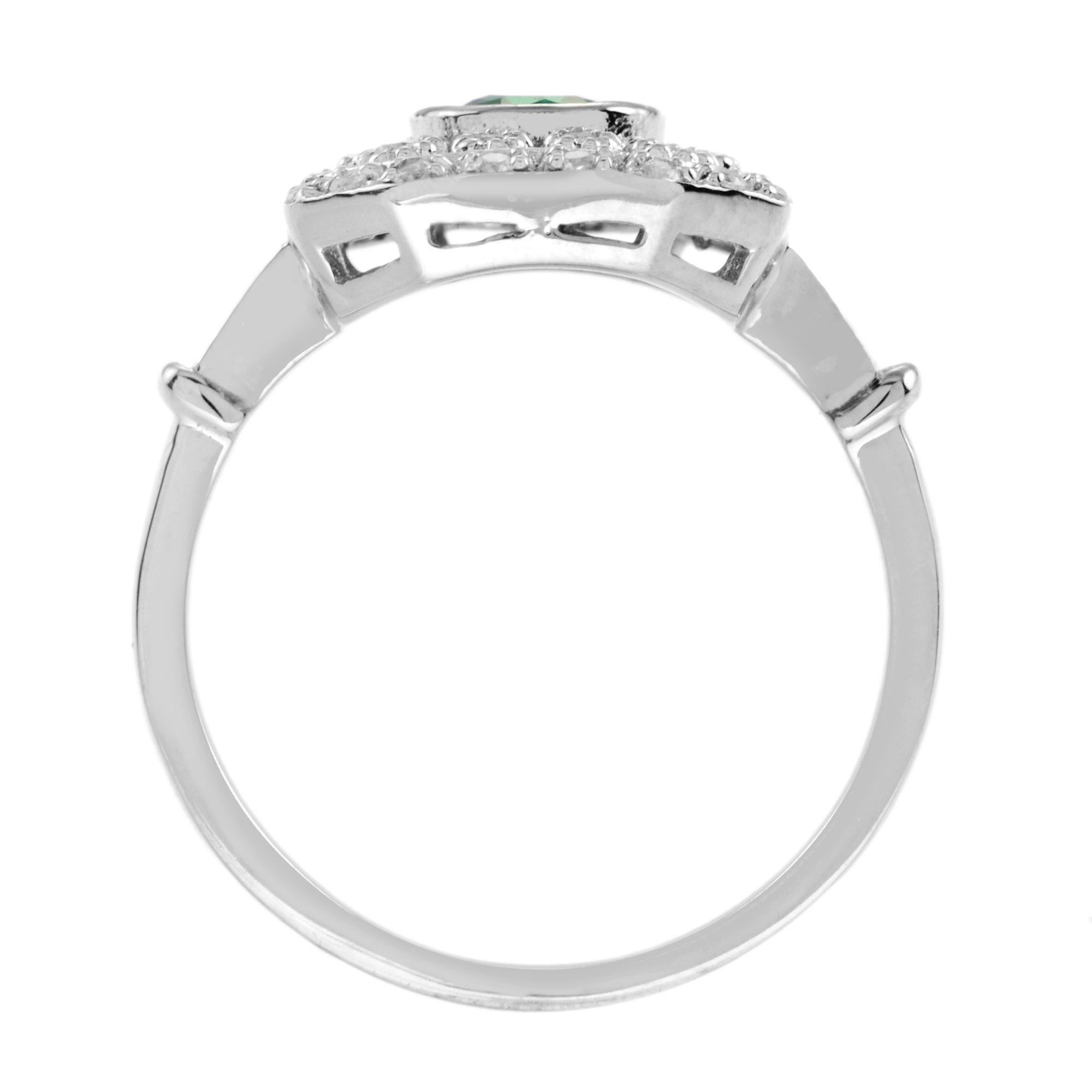 Taglio ovale Oval Emerald & Diamond Art Deco Style Octagon Shape Halo Set 14K White Gold Ring in vendita