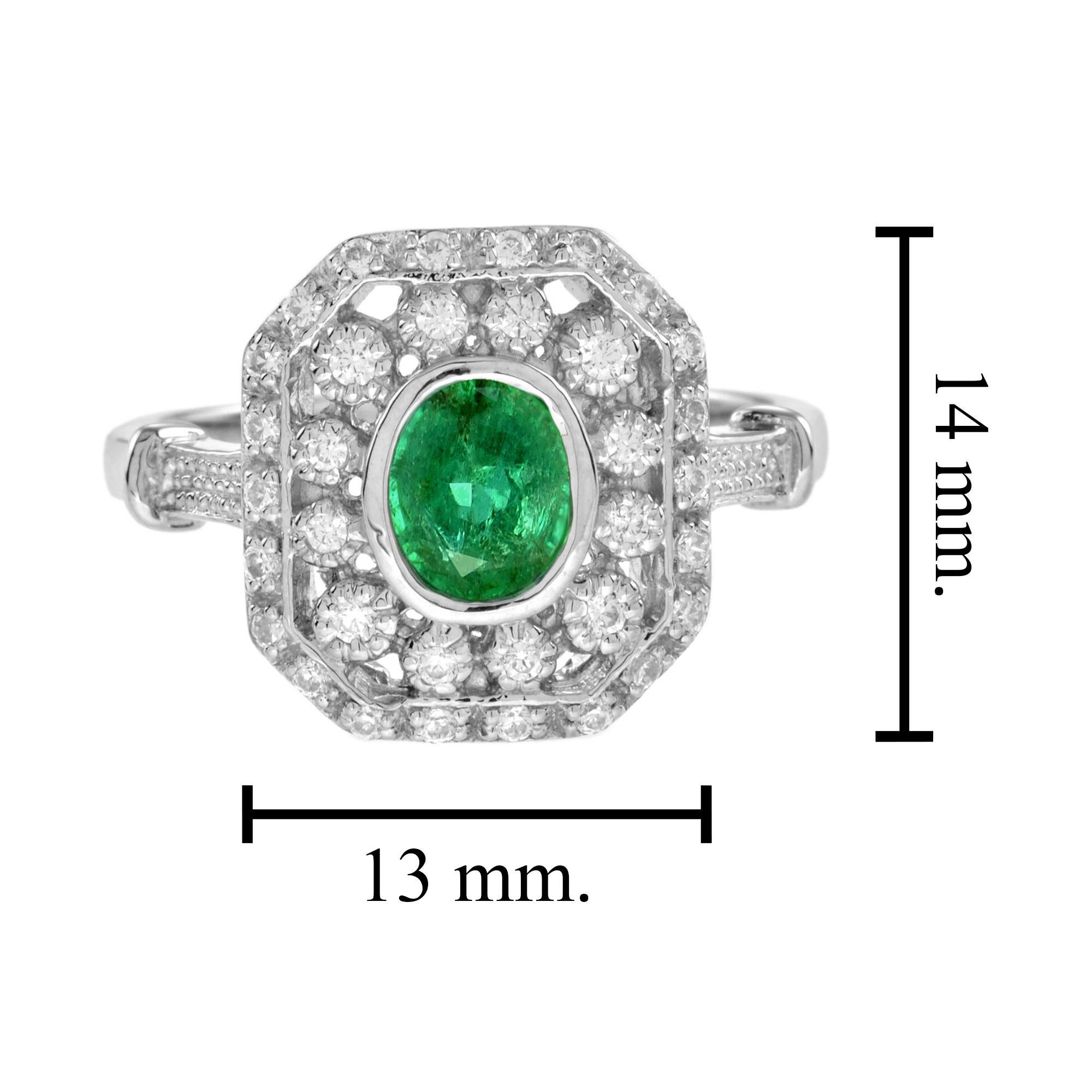 Donna Oval Emerald & Diamond Art Deco Style Octagon Shape Halo Set 14K White Gold Ring in vendita