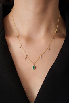 Oval Emerald & Diamond Drop Halo Station Charm Necklace in 14K Yellow Gold