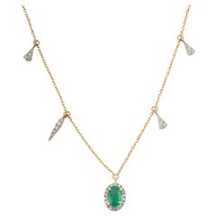 Oval Emerald & Diamond Drop Halo Station Charm Necklace in 14K Yellow Gold