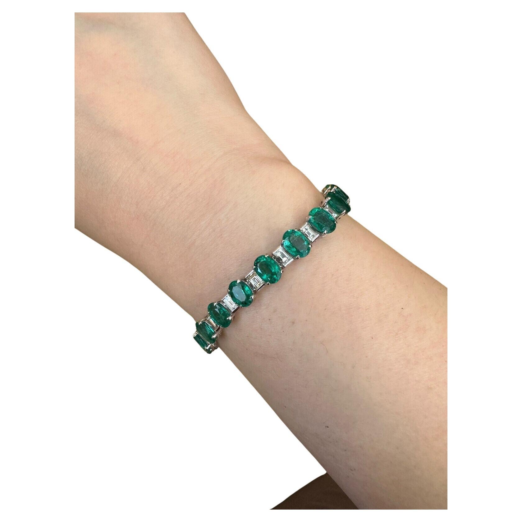 Oval Emerald & Diamond Line Bracelet 19.81 Carat Total Weight in 18k White Gold For Sale