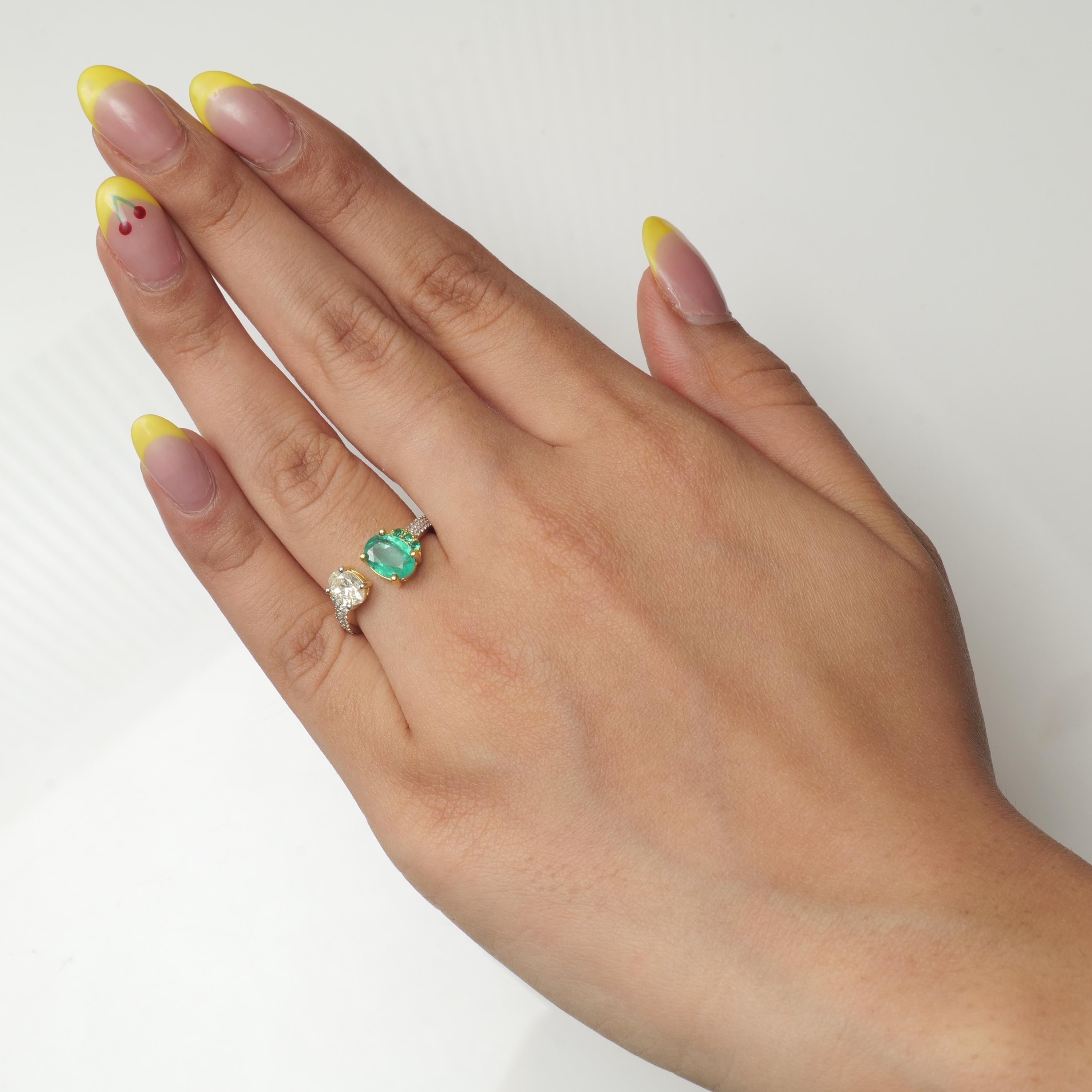 Art Deco Oval Emerald Diamond Open Cuff  Ring in 14k Solid Gold (Certified) For Sale