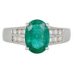 Oval Emerald Diamond Two Double Row Engagement Fashion Ring 14 Karat White Gold